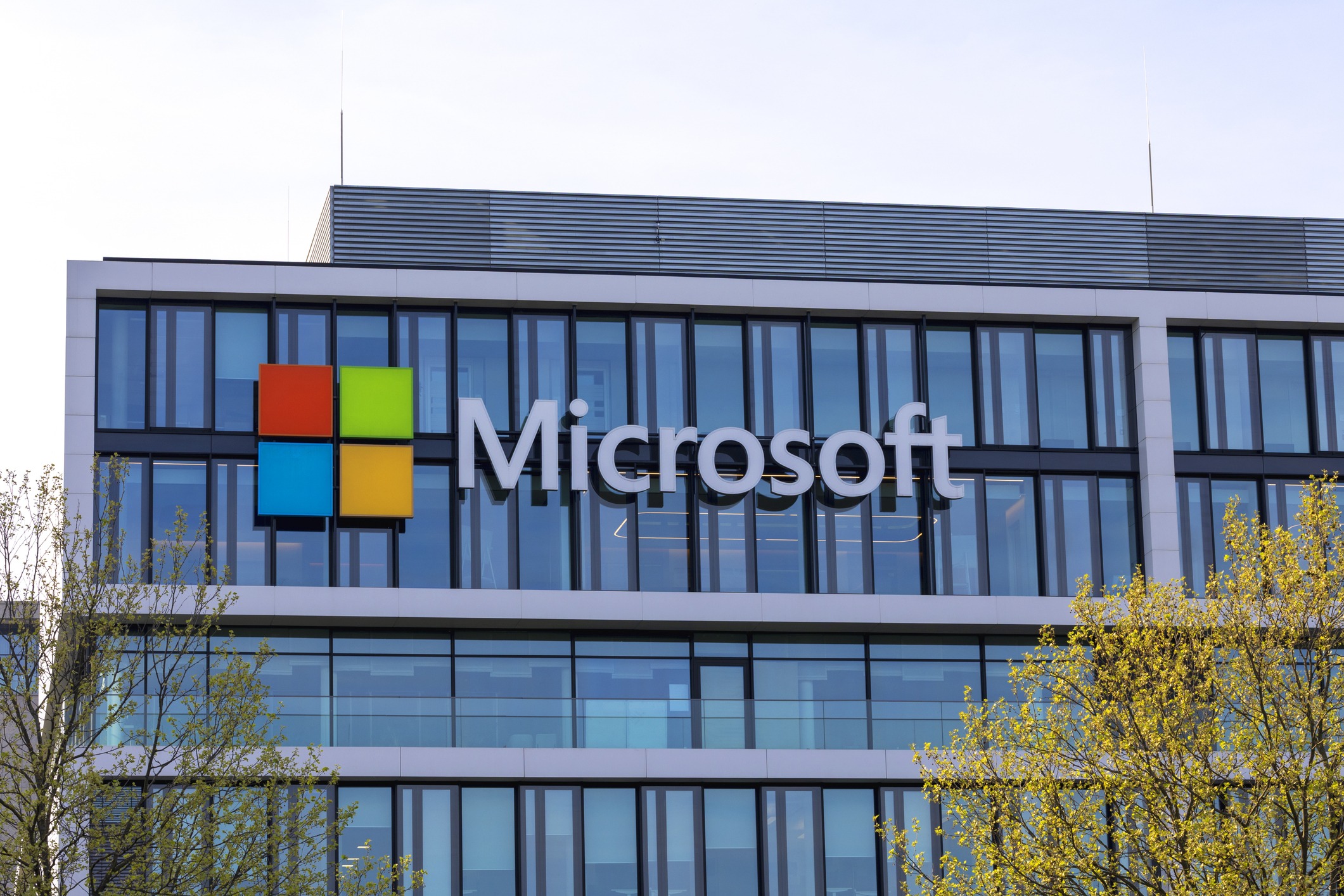 Microsoft, Munich, Bavaria, Germany, April 2024, Logo on the glass front of the office buidling in Munich