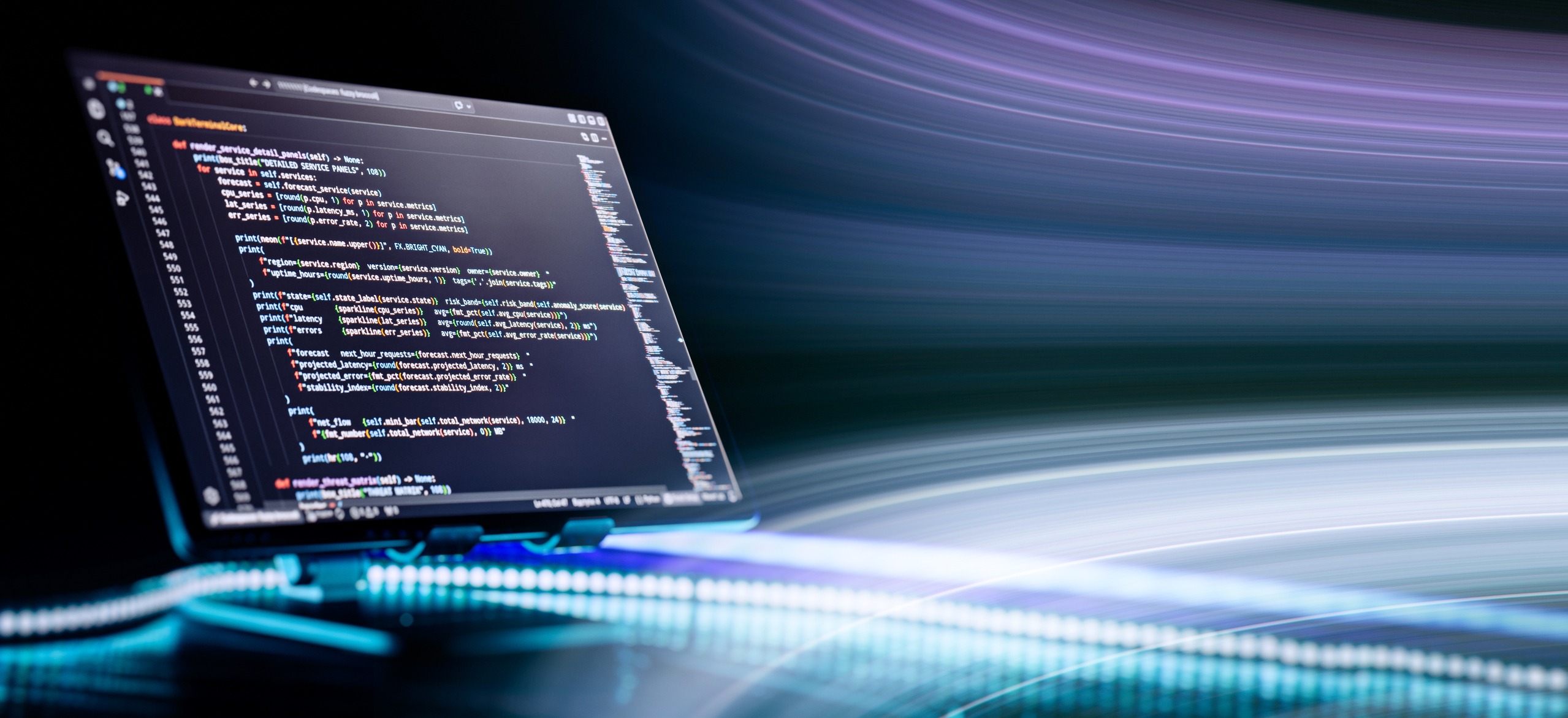 Programming code on a computer screen with fast abstract light trails. Concept of high-speed internet, data flow, and future computing.